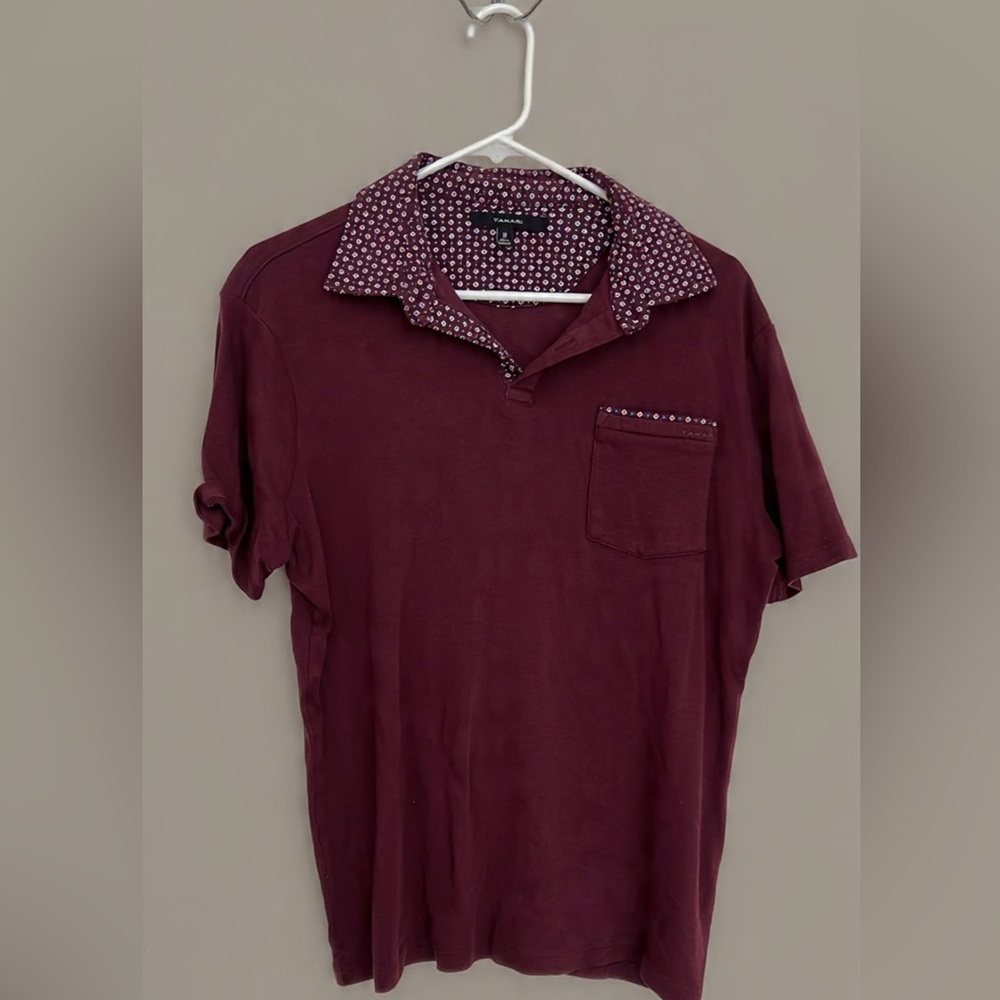 Tahari Dark Red Polo Shirt with Patterned Collar